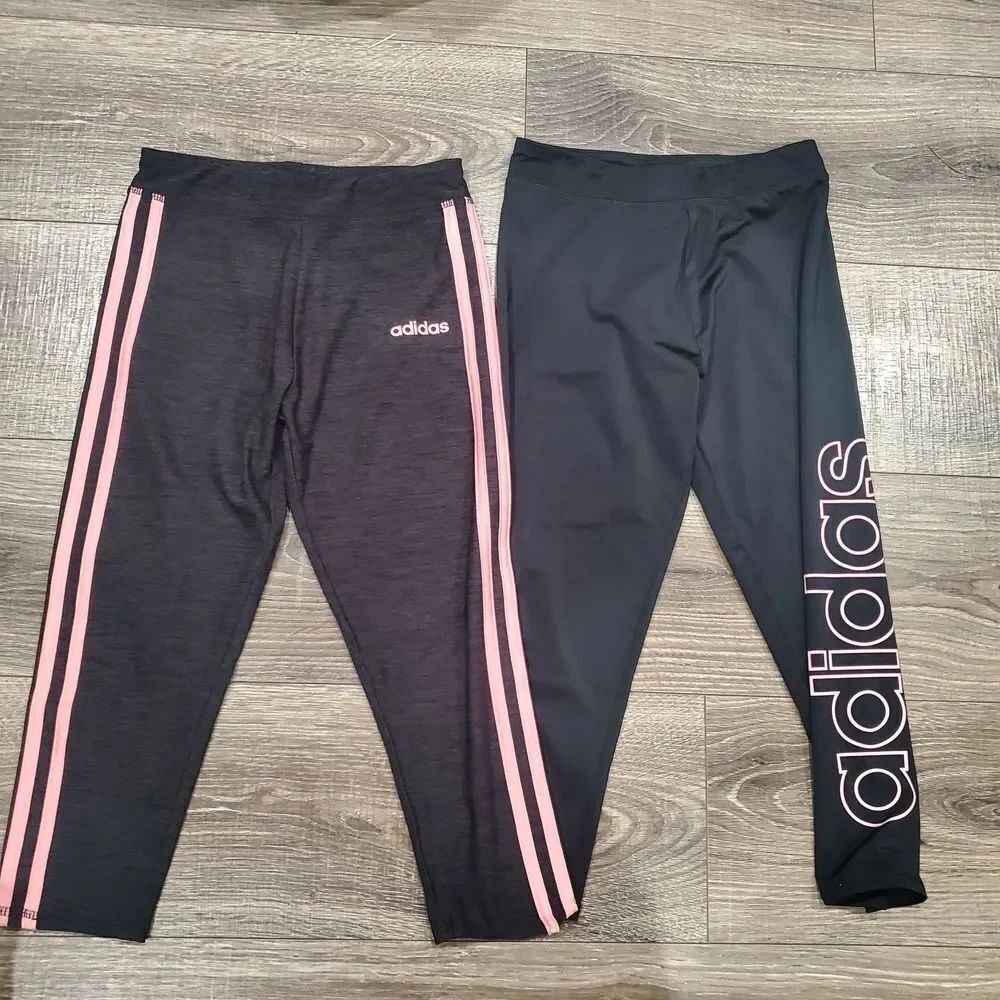 Girls Adidas Leggings Size 10-12 Black and Grey Leggings with Pink Stripes 2 Pcs